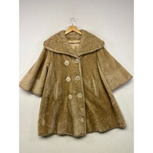 Vintage MCM Glam Golden Cloud Womens OS Tan Faux Fur Double Breasted Swing Coat